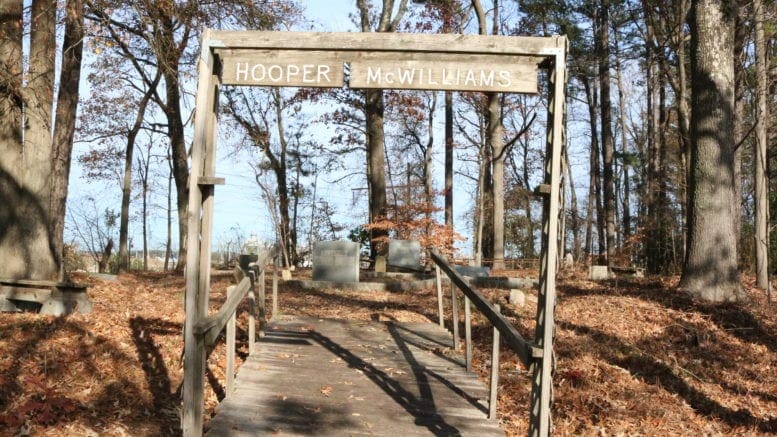 Entrance to Hooper-McWilliams cemetery, probably erected by boy scouts in the late 1990s