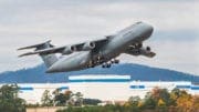 The 13th C-5 M Super Galaxy takes off for delivery from Marietta, Ga. to Dover Air Force Base on Nov. 21, 2013 (photo courtesy of Lockheed Martin)