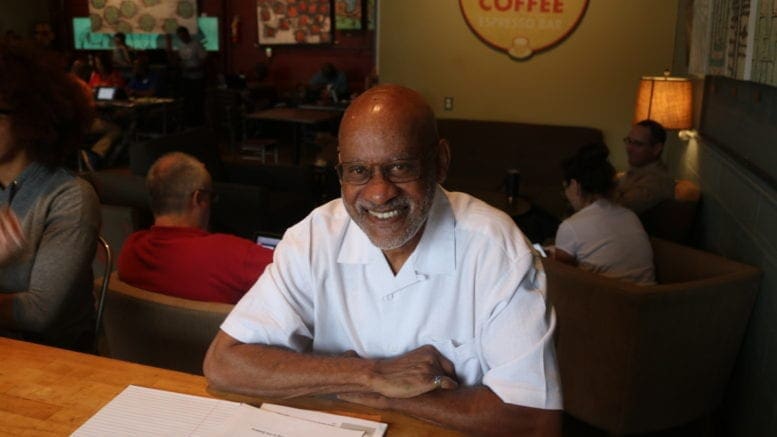 Lawrence King, Cobb EMC board candidate, at Rev Coffee Roasters (photo by Larry Felton Johnson)