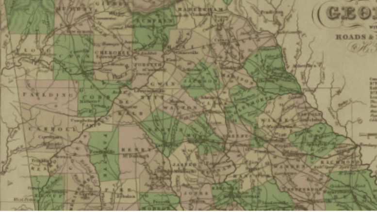 Section of 1833 map showing original shape of Cobb County (retrieved from http://dlg.galileo.usg.edu/hmap/id:hmap1833t3copy3 at the UGA libraries -- public domain)
