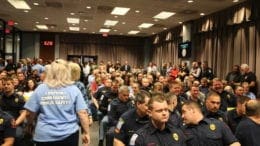 Police, firefighters, and their families and supporters at BOC meeting to push for staffing, increased pay and benefits (photo by Larry Felton Johnson)