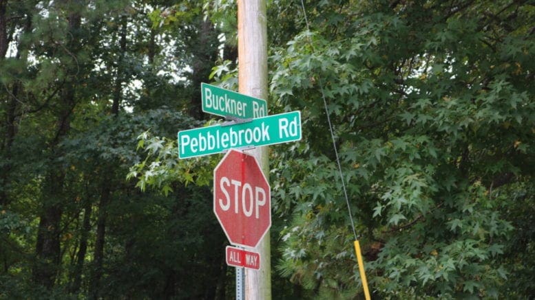 Road sign at Pebblebrook and Buckner Road in article about Smyrna annexation