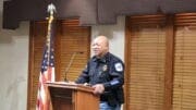 Major (now Sheriff) Craig Owens speaking at South Cobb Business Associations luncheon used in article about Owens statement on attacks on Asian-Americans