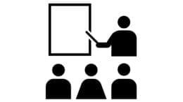 education icon with silhouette of teach in front of class, holding a baton to a board.