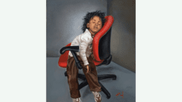 A painting of a Black child asleep on a rolling office chair