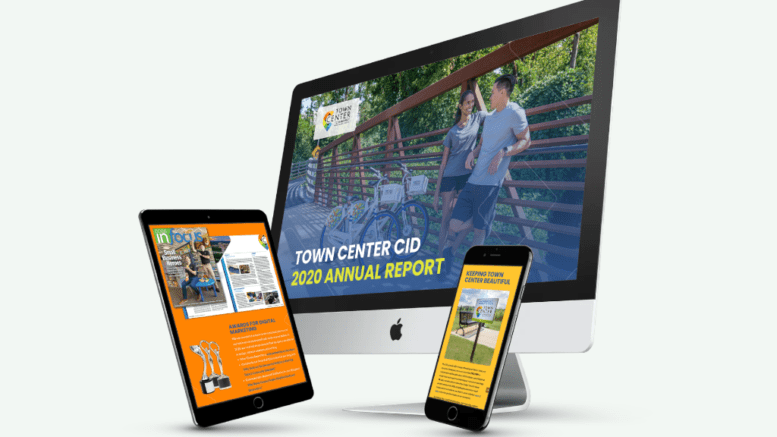Town Center CID releases its annual report -- image of report on desktop computer screen, tablet, and smart phone