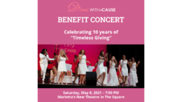 Divas with a Cause promo image for benefit concert -- seven female vocalists in white dresses singing onstage