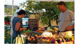 A man and woman looking over vegetables at the Kennesaw Farmers Market
