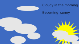 Clouds and sun against the sky, with the text Cloudy in the moring becoming sunny