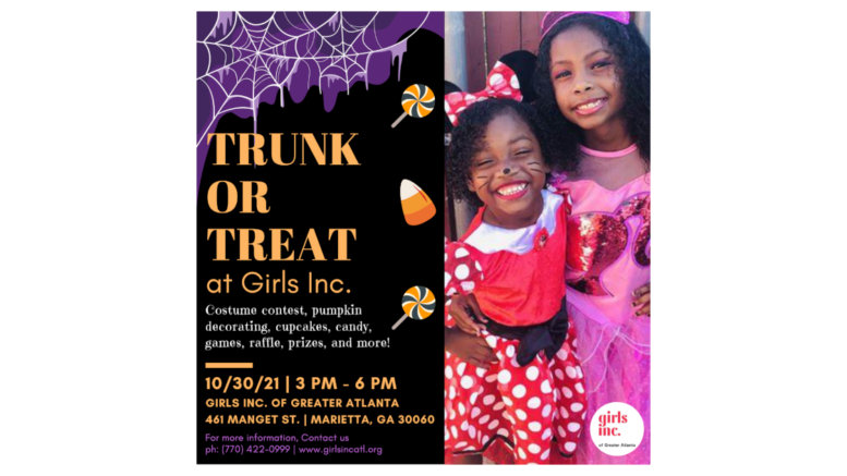 A flyer showing two young girls in costume smiling
