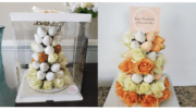 photos of elaborately decorated baked goods, one with intricated icing roses