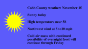 Cobb weather November 15: Sunny, high near 58, northwest wind at 5 to 10 mph