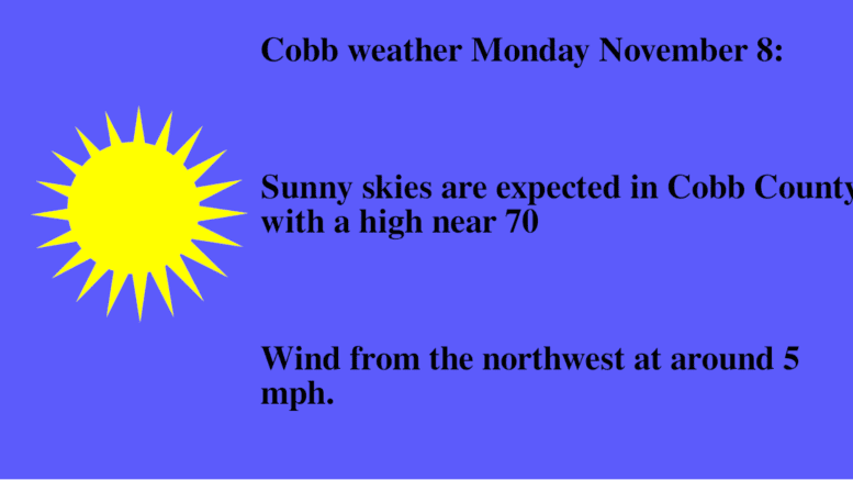 Sunny skies logo with text stating Cobb weather Monday November 8: Sunny skies are expected in Cobb County with a high near 70 with wind from the northwest at around 5 mph.