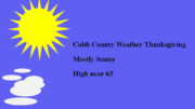 Sunny sky graphic with text Cobb County Weather Thanksgiving Mostly Sunny High near 63that reads: