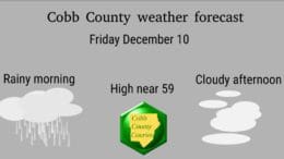 grey skies with clouds and rain cloud images. The Cobb County Courier logo bottom center. Text reading Cobb County weather forecast December 10, rainy morning, cloudy afternoon, high near 59