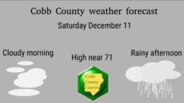 Cobb weather December 11 with cloud and rain cloud graphics and text reading cloudy morning, rainy afternoon, high near 71