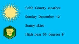 Sunny sky graphic with Cobb County Courier long and the text: Cobb County weather, Sunday December 12, Sunny skies, High near 55 degrees F