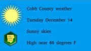 Sunny skies graphic with Cobb County Courier logo and the following text: Cobb County weather, Tuesday December 14, Sunny skies, High near 65 degrees F