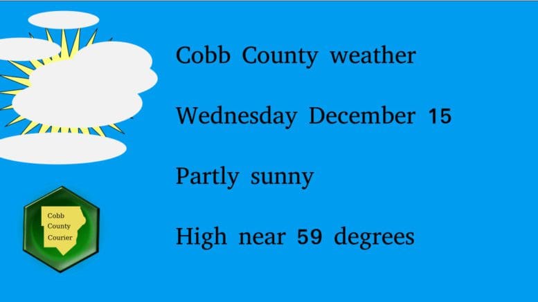 Partly sunny skies graphic and Cobb County Courier logo with the following text: Cobb County weather Wednesday December 15 Partly sunny High near 59 degrees