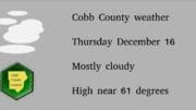 Cloudy skies graphic with Cobb County Courier logo: with the following text: Cobb County weather Thursday December 16 Mostly cloudy High near 61 degrees