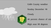 Rain clouds graphic with Cobb County Courier logo and text that reads as follows.Cobb County weather Sunday December 19 Cloudy 40 percent chance of rain High near 55 degrees