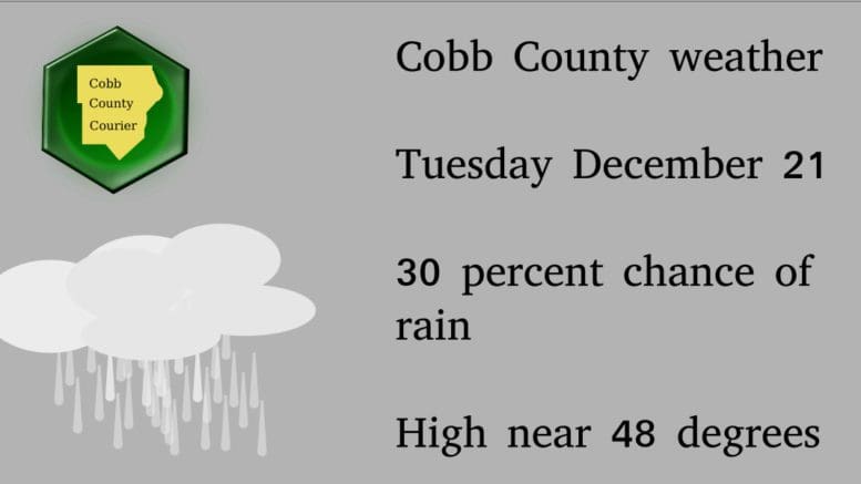 Rainy skies graphic with Cobb County Courier logo and text that reads: Cobb County weather Tuesday December 21 30 percent chance of rain High near 48 degrees