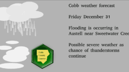 clouding weather image with severe weather warning in text: flooding in Cobb and Douglas counties near Sweetwater Creek