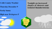 Split image with partly sunny on one side, rain clouds on the other, with the following text:: Cobb County Weather Thursday December 9 Partly Sunny High near 56 degrees F . Tonight an increased chance of showers and isolated thunderstorms