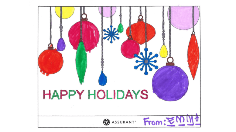 A greeting card with ornaments and Happy Holidays