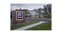Front of ALDI store with sign and logo