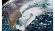 A satellite image of the east coast showing storm clouds