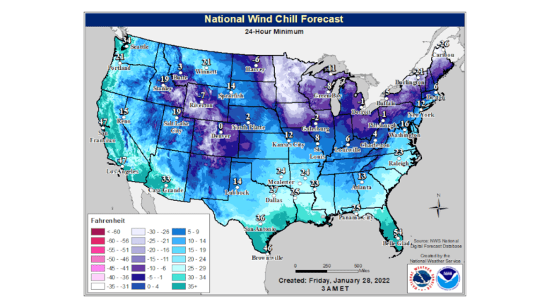 national wind chill map for the U.S. showing Georgia with a 24-hour low of 13 degree wind chill