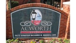 The sign in front of Acworth City Hall: Text reading Acworth Georgia 4415 Senator Richard B. Russell Ave, with 1860 (the incorporation date of the city)