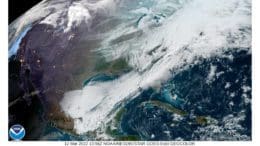 NOAA map showing swirling clouds over the U.S. east coast