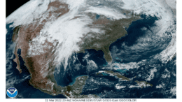 Satellite weather map of eastern United States with small amounts of clouds touching Georgia
