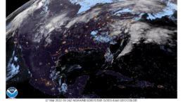 Satellite map of eastern U.S. taken before sunrise with city lights visible