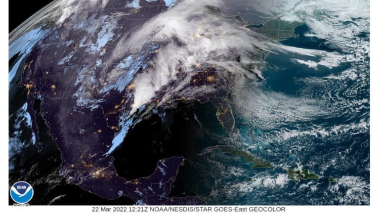 Satellite weather map for the eastern U.S. showing swirling masses of clouds around Georgia