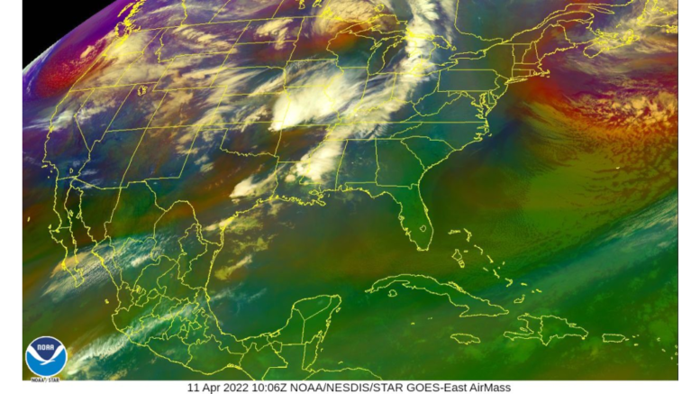 A satellite weather map of the U.S. showing an air mass to the west of Georgia