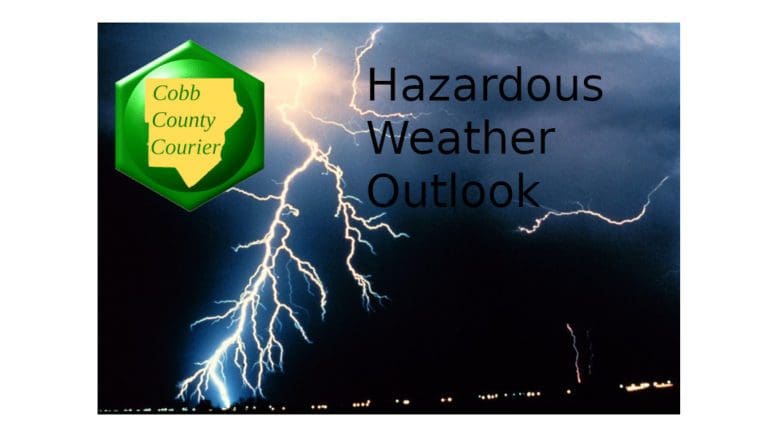 Lightning flashing across a cloudy sky. A Cobb County Courier logo and the words "Hazardous Weather Outlook"