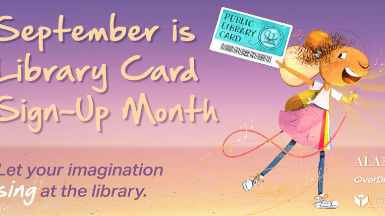 A banner for Library Card Sign-up Month featuring a cartoon mouse