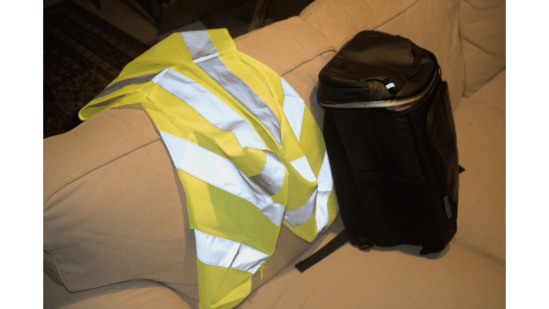 reflective vest and grocery back-pack