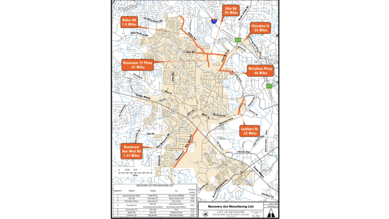 Map of Kennesaw showing upcoming road improvements