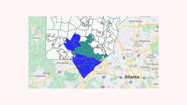 A map showing the breakdown of the cityhood vote for Mableton in the southern triangle in Cobb County