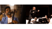 Two side-by-side photos. On the left, Okorie “OkCello” Johnson playing a cello with his eyes closed but facing upward and on the right Georgia Symphony Orchestra (GSO) Music Director and Conductor Timothy Verville directing the orchestra
