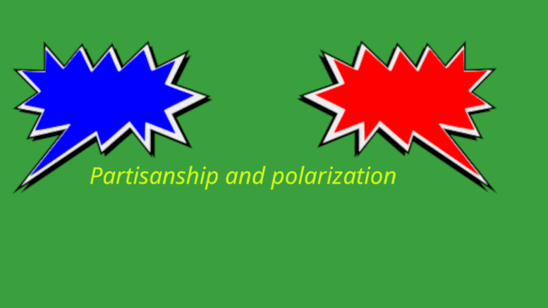 An image of two jagged conversation balloons facing each other, one blue, one red, with the words "partisanship and polarization" below