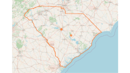 A map of South Carolina, a roughly triangular state bordering Georgia