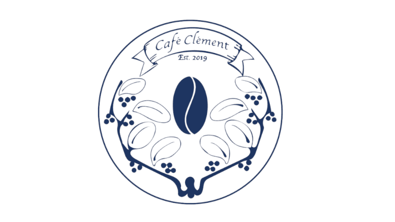 Café Clément logo. Round with a coffee bean in center