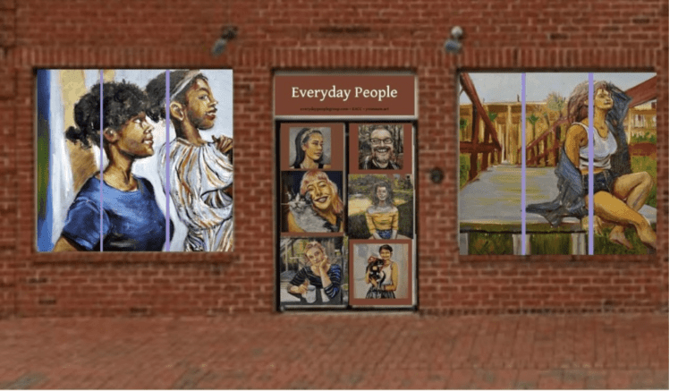 A rendering of a mural with a number of people, mostly women, of different races, and the words "Everyday people"