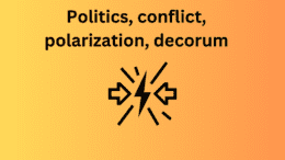 The title Politics, conflict, polarization, decorum above a lightning bolt icon with two opposing arrows pointing toward the center