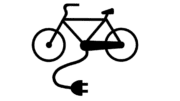 A logo representing an e-bike, with a bicycle outline with a cord hanging from it